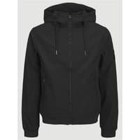 Black Jack & Jones softshell hooded jacket, XL, with front zipper, adjustable drawstrings, and side pockets.