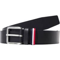 Black Jack & Jones belt with silver buckle and red, white, blue striped loop detail.