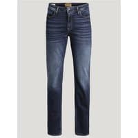 Blue Jack & Jones regular fit jeans with subtle fading, classic five-pocket design, and straight leg cut.