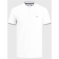 White Jack & Jones cotton polo shirt, short sleeves, buttoned collar, subtle logo on chest, black trim accents.