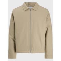 Beige Jack & Jones Dover Worker Jacket, zip-up front, collared, long sleeves, size 2XL.