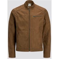Brown Jack & Jones faux suede jacket with zipper closure and stand collar, size L.