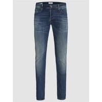 Blue denim slim jeans with subtle fading, classic five-pocket style, and button closure.