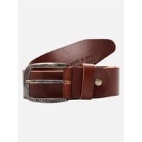 Brown Jack & Jones leather belt with silver buckle and embossed logo, size L.