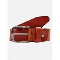 Tan Jack & Jones leather belt with silver buckle and embossed logo, size L.