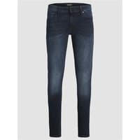 Blue Jack & Jones skinny fit jeans with faded wash, classic five-pocket design, and button closure.