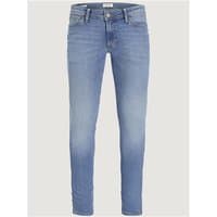 Blue denim skinny jeans with faded wash, classic five-pocket style, and button closure.