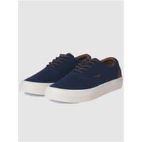 Navy canvas sneakers with white rubber soles, brown accents, and lace-up closure, Jack & Jones branding.