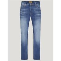 Blue Jack & Jones comfort fit jeans with faded thighs, classic five-pocket design, and button fly.