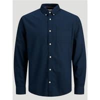 Navy blue Jack & Jones Oxford shirt, button-down collar, chest pocket, long sleeves, white buttons.