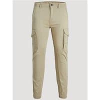 Beige Jack & Jones cargo trousers with side pockets, button closure, and tapered legs.