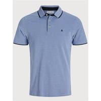 Bright cobalt Jack & Jones polo shirt, short sleeves, buttoned collar, dark trim, small logo on chest.
