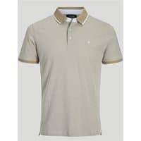 Beige Jack & Jones Paulos polo shirt with brown collar, short sleeves, and subtle logo on chest, size M.