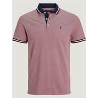 Red Jack & Jones polo shirt, navy collar, button placket, striped sleeve cuffs, embroidered logo on chest.
