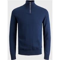 Navy blue Jack & Jones half zip jumper with ribbed cuffs and hem, high collar, and sleek zipper detail.