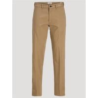 Brown Jack & Jones relaxed fit chino trousers, 32L, featuring a button closure and belt loops.