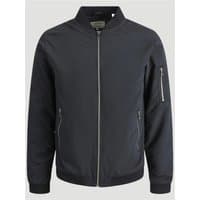 Black Jack & Jones bomber jacket with front zipper, ribbed collar, and zippered sleeve pocket.