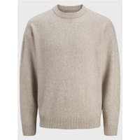 Beige Jack & Jones knit crew neck jumper, ribbed cuffs and hem, relaxed fit, size XL.