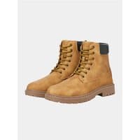 Honey-colored Jack & Jones Wainsworth lace-up boots with padded collar and rugged sole, size 7.
