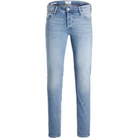 Light blue Jack & Jones slim-fit jeans with button fly, subtle fading, and classic five-pocket design.