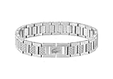 Silver Lacoste men's link bracelet with petit piqué pattern and engraved logo on clasp.