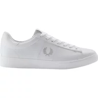 White leather trainers with Fred Perry laurel logo, lace-up design, and minimalist style.