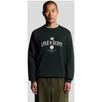 Dark navy Lyle & Scott crew neck sweatshirt with "Cheers To Tradition" graphic and crown emblem on chest.