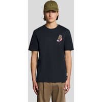 Navy Lyle & Scott crew neck T-shirt with embroidered graphic on chest, worn by model with khaki pants and cap.