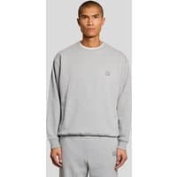 Light grey marl crew neck pullover with ribbed cuffs and hem, featuring subtle embroidered logo on chest.