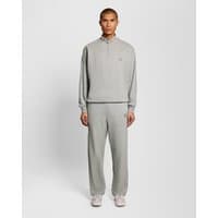 Light grey marl straight leg joggers with elastic waistband, side pockets, and subtle embroidered logo on left thigh.