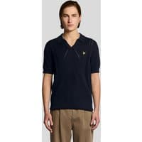 Navy knitted polo shirt with open collar, argyle pattern, and Lyle & Scott logo on chest.