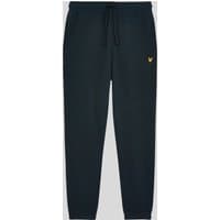 Navy slim fit cotton joggers with elastic waistband, drawstring, and yellow Lyle & Scott logo on left thigh.