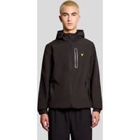 Black Lyle & Scott men's hooded sports jacket with front zipper, chest pocket, and yellow logo on the chest.