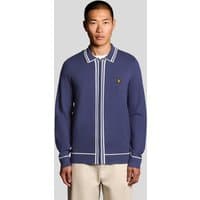 Blue Lyle & Scott men's full zip knitted jumper with white tipped collar and cuffs, featuring embroidered logo on chest.
