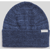 Navy Lyle & Scott beanie with multi marl pattern, ribbed fold-over cuff, and small logo tag on the side.