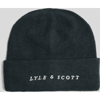 Navy Lyle & Scott beanie with white script logo on folded cuff.