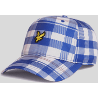 Blue and white tartan check baseball cap with yellow eagle logo on front.