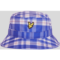 Blue tartan check bucket hat with yellow eagle logo, featuring a wide brim and stitched detailing.