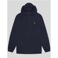 Dark navy hooded jacket with zip closure, small yellow logo on chest, elastic cuffs, and side pockets.