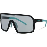 Matt black Madison Crypto glasses with photochromatic lens, teal arms, and angular frame design.
