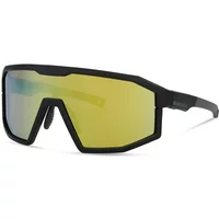 Madison Enigma sunglasses with matt black frame and gold mirror lens, featuring a geometric shape and sleek design.