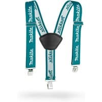 Teal and white Makita braces with black leather patch and metal clips, featuring Makita logo on straps.