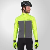 Bright yellow men's cycling jacket with gray front panel, high collar, and black zipper by Endura.