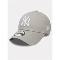 Grey New Era 9forty cap with white NY logo, curved brim, and adjustable strap.