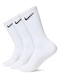 White Nike cushioned socks with black swoosh logo, unisex adult size S, set of three pairs.
