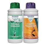 Nikwax TECH WASH and TX DIRECT twin pack, green and orange bottles with purple and green caps, 1L each.