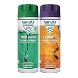 Nikwax Tech Wash & TX.Direct twin pack, green and orange bottles with purple and green caps, 2 x 300ml.