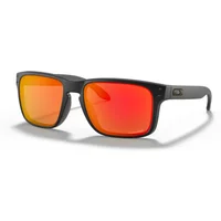 Matte black Oakley Holbrook sunglasses with Prizm Ruby red-orange lenses and square frame design.
