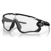 Oakley Jawbreaker sunglasses, polished black frame, clear to black iridium photochromic lenses, sporty design.