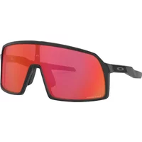 Matte black Oakley Sutro S sunglasses with Prizm Trail Torch red-tinted lenses and wide rectangular frame.